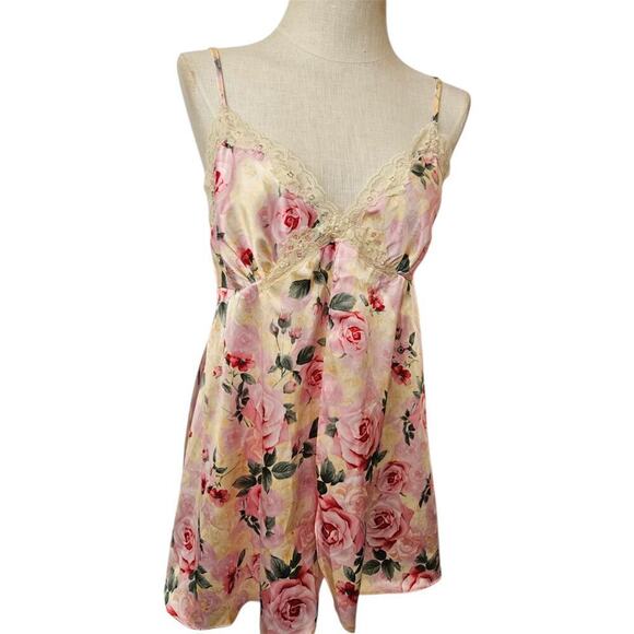 Vtg Rose Print Chemise, Satin Short Slip, Split Front Lingerie, Sz s - Picture 2 of 5